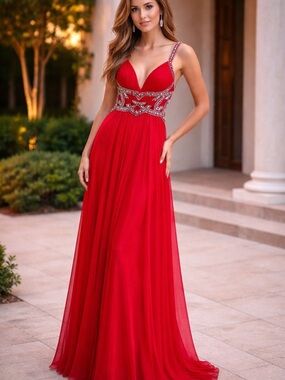Elegant Red Beaded Waist Evening Gown
